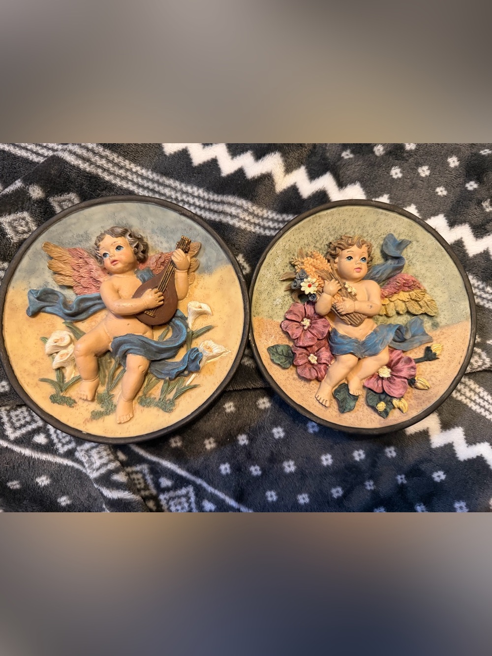 Cherub Wall Plaques Set in Pastel Blue and Beige - Home Accents